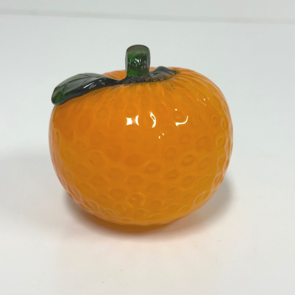 Vintage Hand Blown Art Glass Orange Fruit Paperweight Textured Green Leaf 3.5"